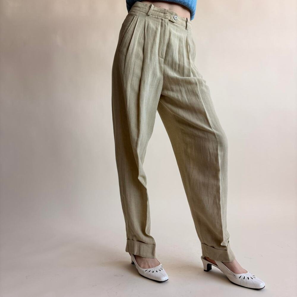 Susie Tompkins Wool Trousers - Tan with White Pinstripe Size 4